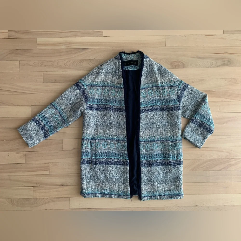 ZARA - Blue Textured Knit Cardigan | Patterned Open Jacket - Picture 2 of 7